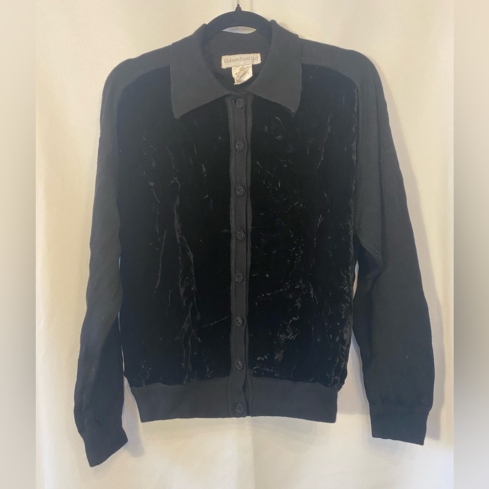 Women's Whimsygoth Black Wool Velvet  Collared Cardigan LG Witchy Dark Academia